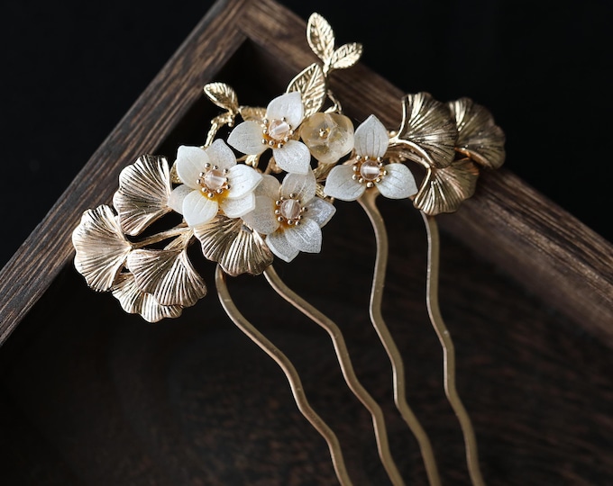 Handmade gold hair comb flower hair comb white copper bride hair accessories gift for her women mother Decorative Combs jewelry