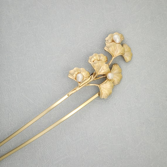 Handmade Ginkgo Leaf Pearl Hair Stick: Copper Goldcolor Hair Pin