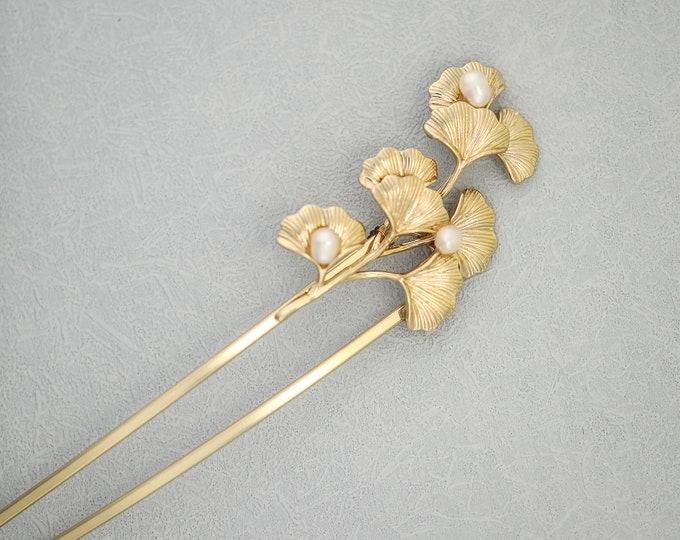 Handmade Ginkgo Leaf Pearl Hair Stick: Copper Goldcolor Hair Pin