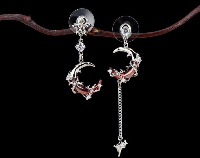 Blood Moon Dangle Drop Earrings| Celestial Earrings| Moon Dangling Earrings| Star Earrings