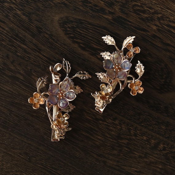 Handmade CZ beads purple flower hair clip leaves copper gold hair duckbill clip hair accessories gift for her women jewelry