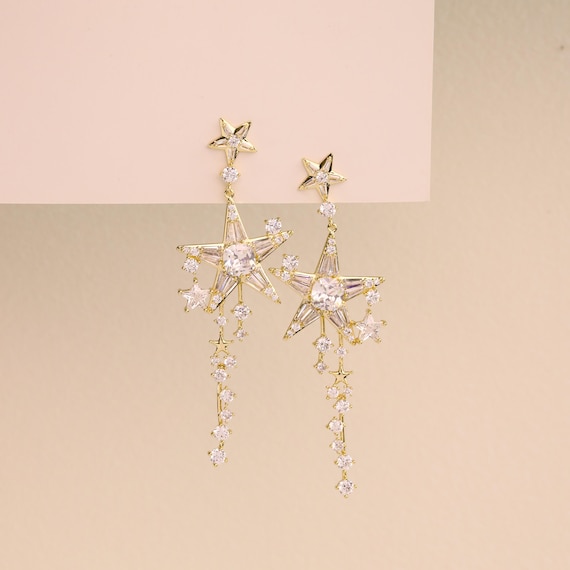 Celestial Star Dangle Earrings, Copper Zircon 925 Silver Earrings Post