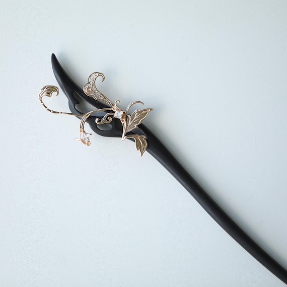 Handmade Wood & Copper Hair Stick: Goldcolor Leaf Hair Pin