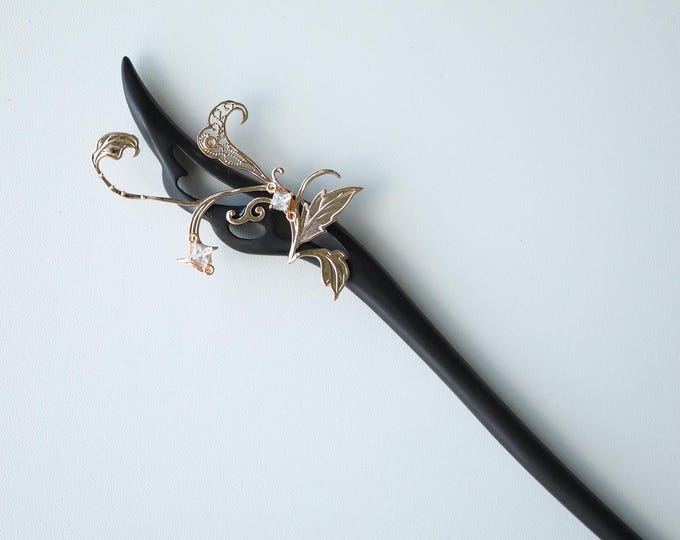 Handmade Wood & Copper Hair Stick: Goldcolor Leaf Hair Pin