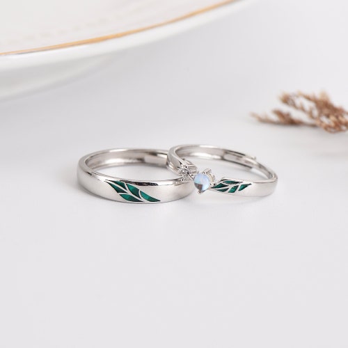Bagues personnalisées pour couple feuilles, bagues pour elle et lui, bague de promesse, cadeau personnalisé pour elle et pour couple, argent 925