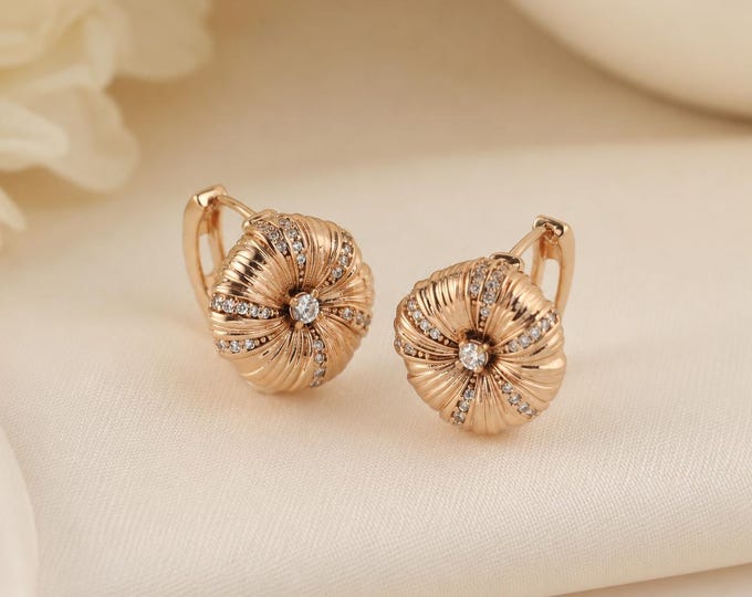 18K Gold Plated Floral Hoop Earrings, Cubic Zirconia Statement Huggie Hoops