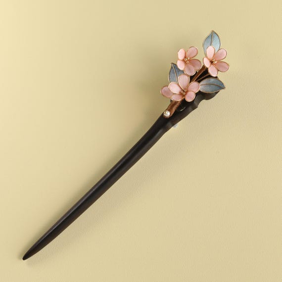 Handmade Wood & Copper Hair Fork:Pink Flower hair pin