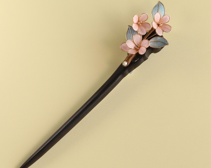 Handmade Wood & Copper Hair Fork:Pink Flower hair pin