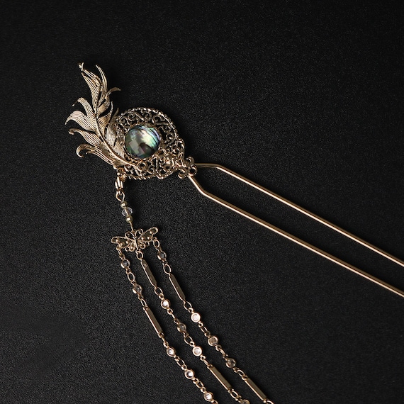 Handmade Feather Hair Stick: Copper Gold Plated Hair Pin