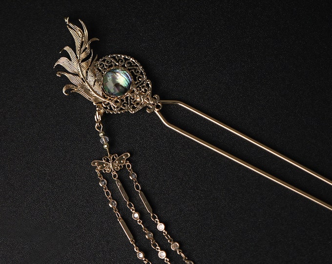 Handmade Feather Hair Stick: Copper Gold Plated Hair Pin
