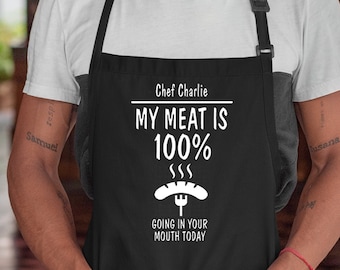 Mi carne es 100 entrando en tu boca Delantal de parrilla, Delantal personalizado, delantal de barbacoa, Regalos para papá, Delantal divertido, Regalo del Día del Padre, Regalo para esposo