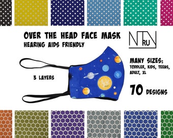 Over the Head Face Mask for Kids, Planet Mask, Space Face Mask, Animal Masks, School Mask, Adjustable Over the Head Elastic neck strap