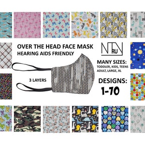 Over Head Face Mask for Hearing Aids, Designer Face Mask, Over the Head Face Mask with elastic around head, Kids Hearing Aid Accessory