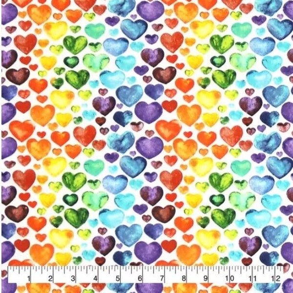 Colorful Hearts Fabric, Heart Fabric, 100% cotton flannel Fabric by the yard, Rainbow Heart Fabric, Rainbow Fabric, dog bandana fabric