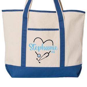 Personalized Nurse Tote Bag, Custom Nursing Bag with Name and Stethoscope, RN nurse week gift, CNA Graduation Nurse appreciation Gift image 1