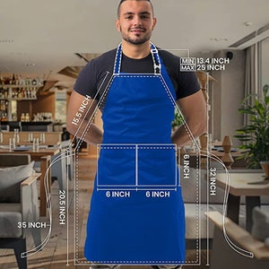 May include: A blue apron with two 6-inch pockets and adjustable straps. The apron measures 25 inches wide, 32 inches long, and has a minimum neck strap length of 13.4 inches and a maximum length of 25 inches.