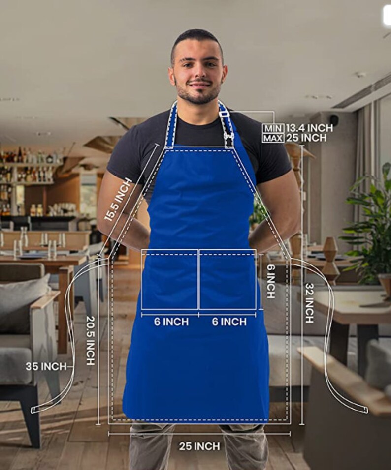 May include: A blue apron with two 6-inch pockets and adjustable straps. The apron measures 25 inches wide, 32 inches long, and has a minimum neck strap length of 13.4 inches and a maximum length of 25 inches.