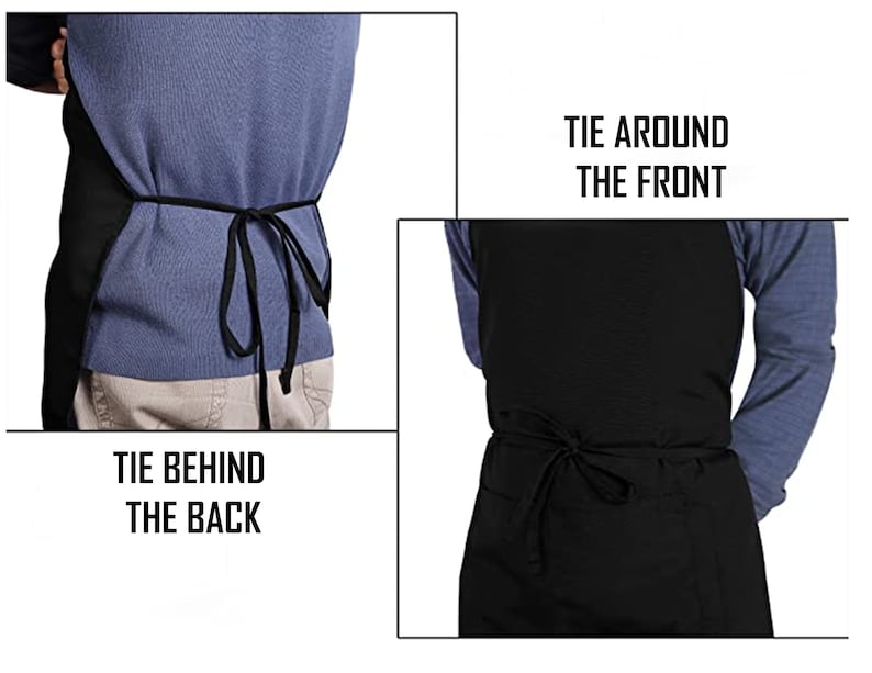 May include: Black apron with adjustable straps. The straps can be tied around the front or behind the back.