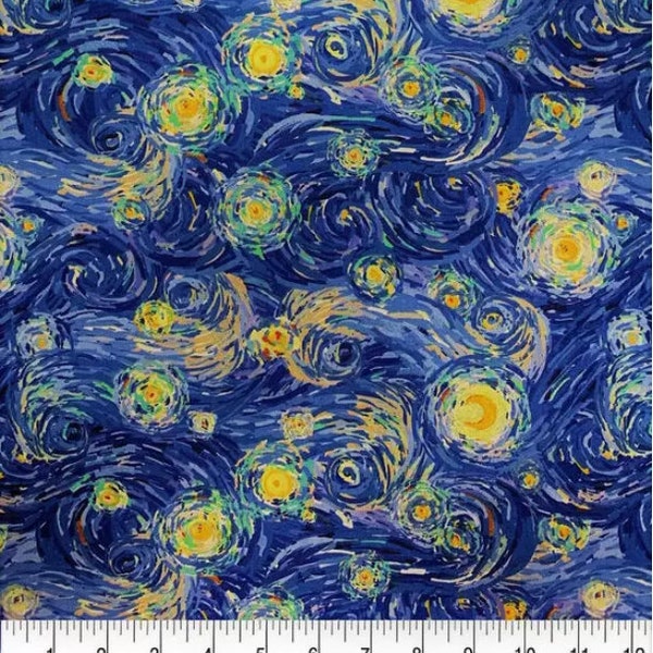 The Starry Night Fabric, Inspired by Vincent Van Gogh Fabric, Blue Yellow Swirls Face Mask Fabric, 100% cotton
