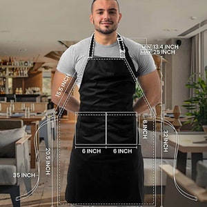 May include: Black apron with two 6-inch pockets and adjustable straps. The apron measures 25 inches wide, 32 inches long, and has a 15.5-inch neck strap. The apron has a minimum neck strap length of 13.4 inches and a maximum neck strap length of 25 inches.