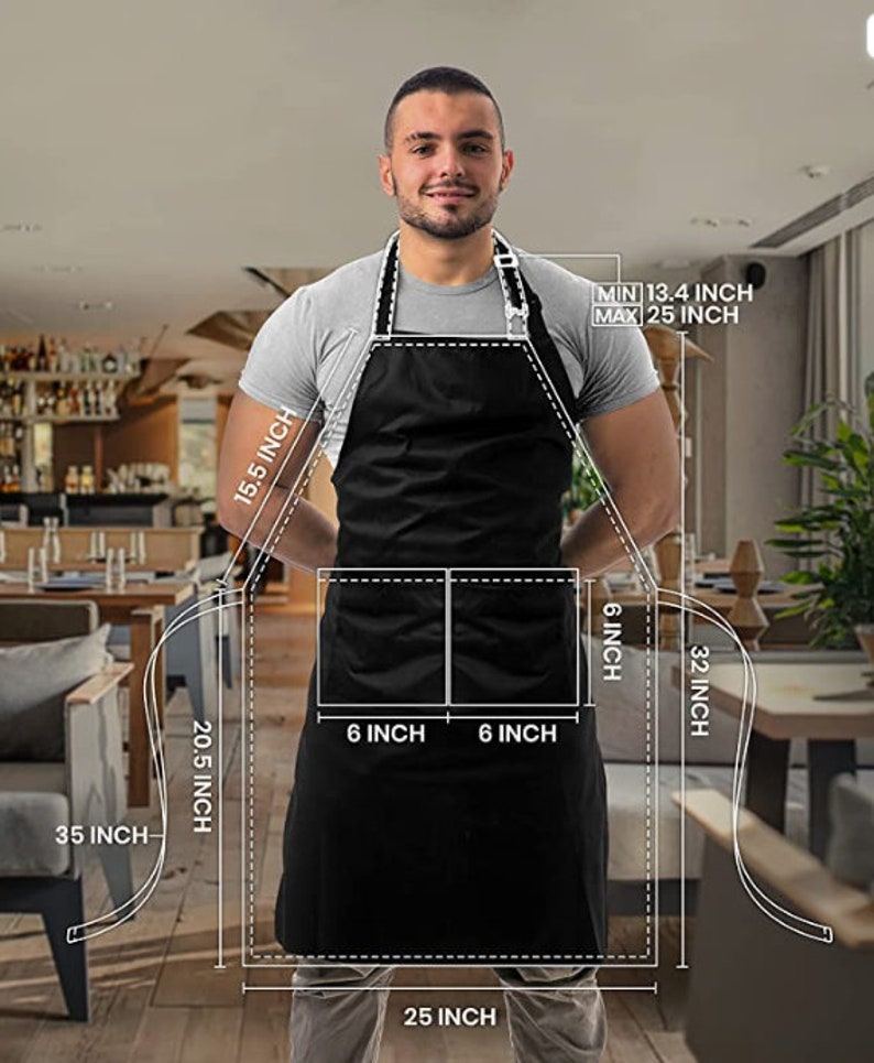 May include: Black apron with two 6-inch pockets and adjustable straps. The apron measures 25 inches wide, 32 inches long, and has a 15.5-inch neck strap. The apron has a minimum neck strap length of 13.4 inches and a maximum neck strap length of 25 inches.