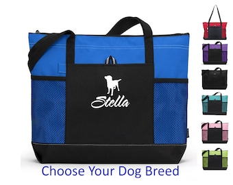 Dog Tote Bag with zipper Personalized with your Dog's Name and Breed, Dog travel bag, pet bag, dog bag, Dog lover's gift, mother's day gift