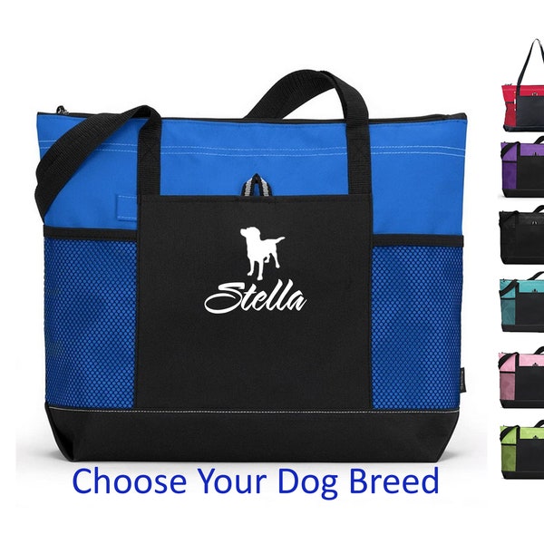 Dog Tote Bag with zipper Personalized with your Dog's Name and Breed, Dog travel bag, pet bag, dog bag, Dog lover's gift, mother's day gift