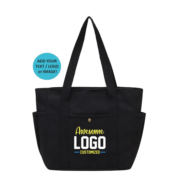 Personalized Zippered Tote Bag with Text or logo, Custom Canvas Bag, Cotton, Magnetic button