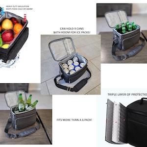 May include: Black insulated cooler bag with a shoulder strap. The bag is open, revealing fruit and beverages. Text on the image reads: "HEAVY DUTY INSULATION KEEPS FOOD COLD OR WARM" and "CAN HOLD 9 CANS WITH ROOM FOR ICE PACKS!"