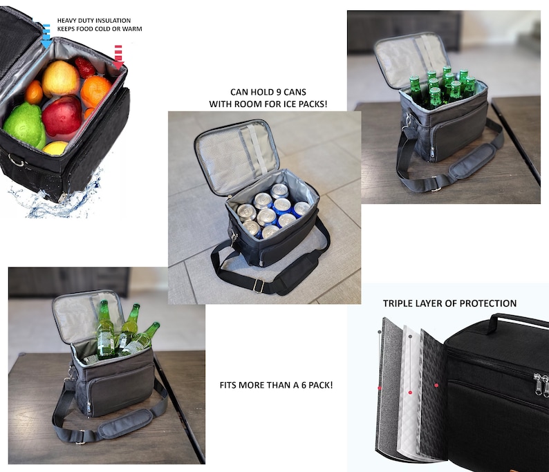 May include: Black insulated cooler bag with a shoulder strap. The bag is open, revealing fruit and beverages. Text on the image reads: "HEAVY DUTY INSULATION KEEPS FOOD COLD OR WARM" and "CAN HOLD 9 CANS WITH ROOM FOR ICE PACKS!"