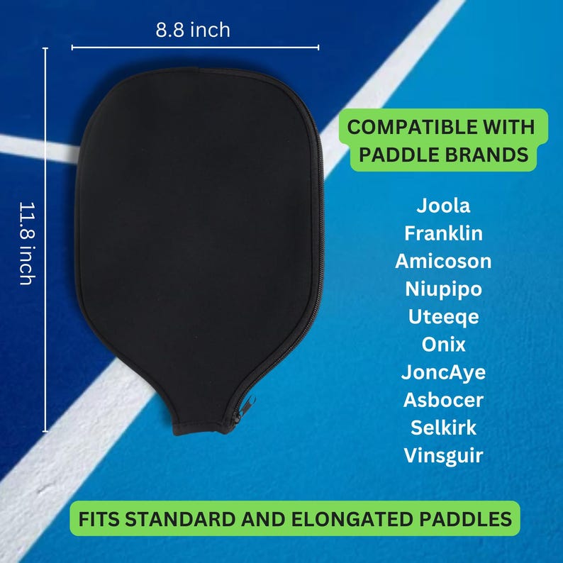May include: Black paddle cover with a zipper closure. It measures 8.8 inches wide and 11.8 inches long. The cover is compatible with Joola, Franklin, Amicoson, Niupipo, Uteeqe, Onix, JoncAye, Asbocer, Selkirk, and Vinsguir paddle brands. It fits standard and elongated paddles.