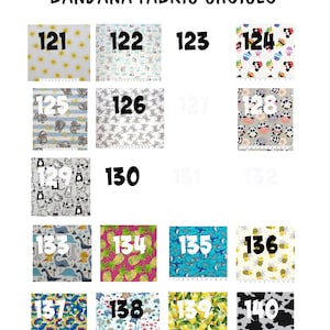 May include: A chart of bandana fabric choices with numbers 121 through 140. Each number corresponds to a different fabric pattern. The patterns include animals, fruit, and geometric designs.