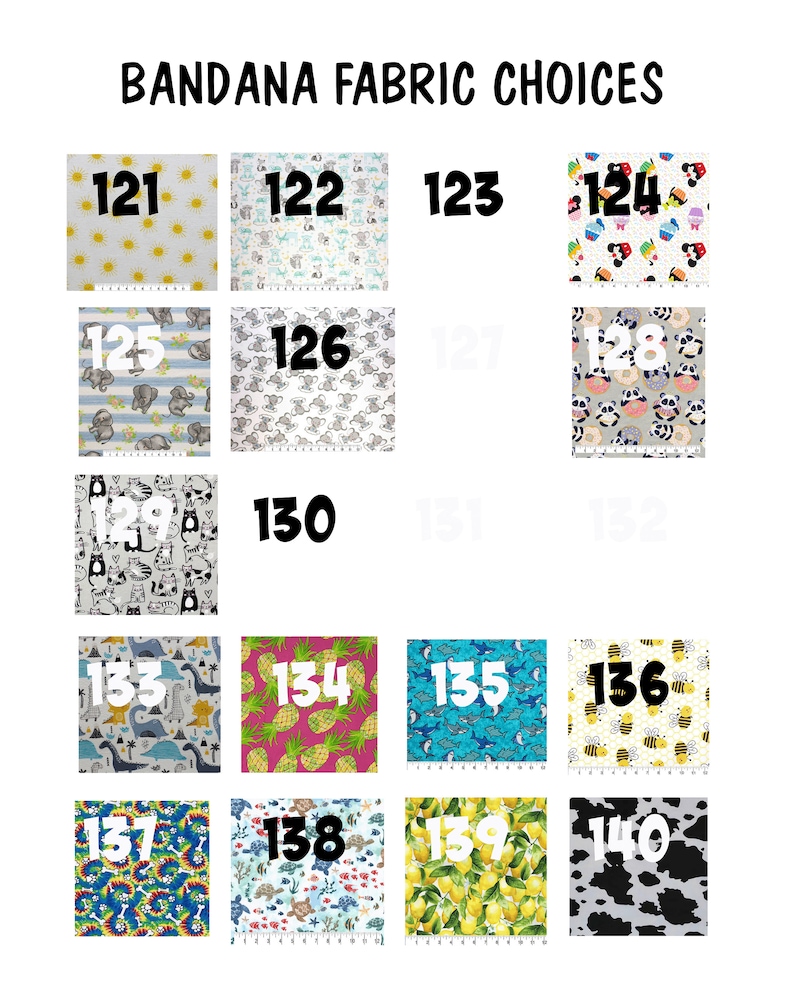 May include: A chart of bandana fabric choices with numbers 121 through 140. Each number corresponds to a different fabric pattern. The patterns include animals, fruit, and geometric designs.
