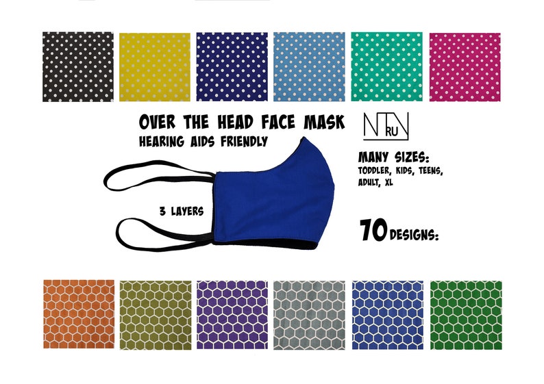 May include: Blue over-the-head face mask with black adjustable straps. The mask is made of 3 layers of fabric and is hearing aid friendly. The image also shows a variety of patterned fabrics in different colours, including polka dots, hexagons, and stripes. The text "OVER THE HEAD FACE MASK", "HEARING AIDS FRIENDLY", "MANY SIZES: TODDLER, KIDS, TEENS, ADULT, XL", "3 LAYERS", and "70 DESIGNS:" is visible in the image.