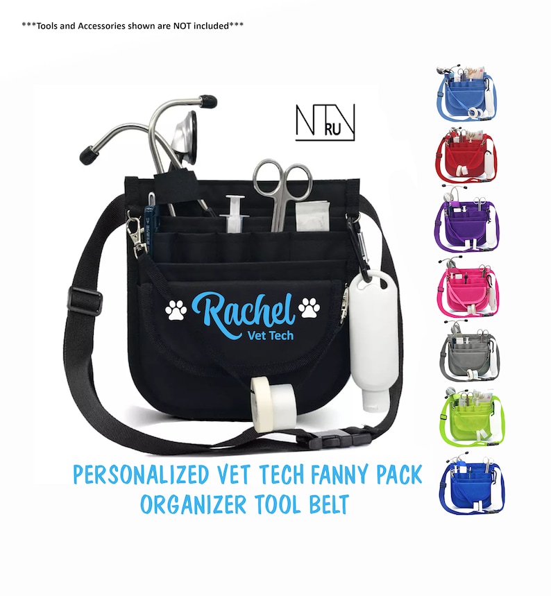 May include: Black personalized fanny pack with the text "Rachel Vet Tech" and paw prints. The pack has multiple pockets and a strap. The image also shows a stethoscope, scissors, and other tools. The text "Personalized Vet Tech Fanny Pack Organizer Tool Belt" is at the bottom of the image.