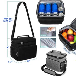Puede incluir: Bolsa de almuerzo aislada negra y gris con cierre de cremallera, correa de hombro ajustable y bolsillo lateral de malla. La bolsa mide 25,4 cm de ancho, 17 cm de profundidad y 20,3 cm de alto. La correa se puede ajustar a una longitud m&iacute;nima de 38,1 cm y a una longitud m&aacute;xima de 68,6 cm.