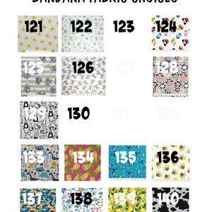 May include: A chart of bandana fabric choices with numbers 121 through 140. Each number corresponds to a different fabric pattern. The patterns include animals, fruit, and geometric designs.