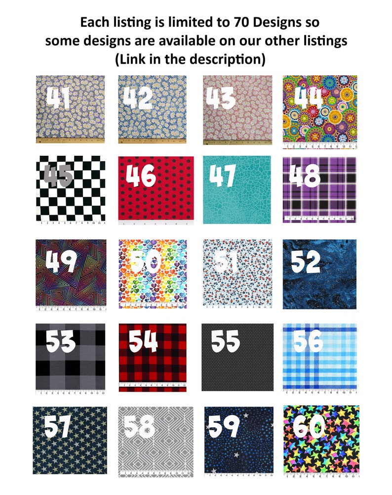 May include: A grid of 60 fabric swatches with different patterns and colors. The swatches are numbered from 41 to 60. Each swatch is approximately 10 cm by 10 cm.