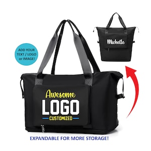 May include: Black duffel bag with grey straps and a front pocket. The front pocket has the text "Awesome LOGO - CUSTOMIZED" in yellow and white. The bag is expandable for more storage. A smaller bag with the name "Michelle" is also shown.