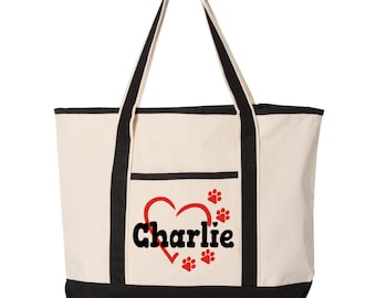 Personalized Dog Tote Bag With Heart and Paw, Custom Pet Name Canvas Bag, Dog travel bag, New puppy gift, Dog mom gift for dog lovers