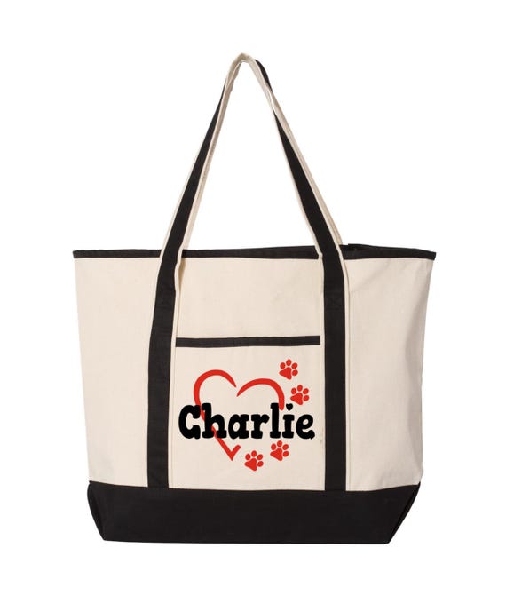 Personalized Dog Tote Bag With Heart and Paw, Custom Pet Name Canvas Bag, Dog travel bag, New puppy gift, Dog mom gift for dog lovers