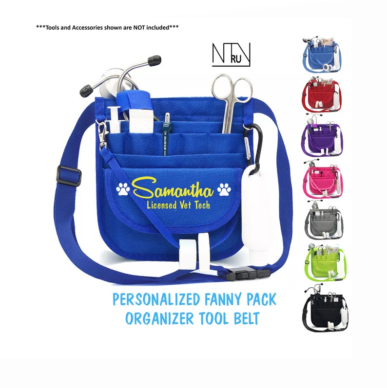 May include: Blue personalized fanny pack with the text "Samantha Licensed Vet Tech" and paw prints. The pack has multiple pockets and a long adjustable strap. The image also shows the fanny pack in other colors.