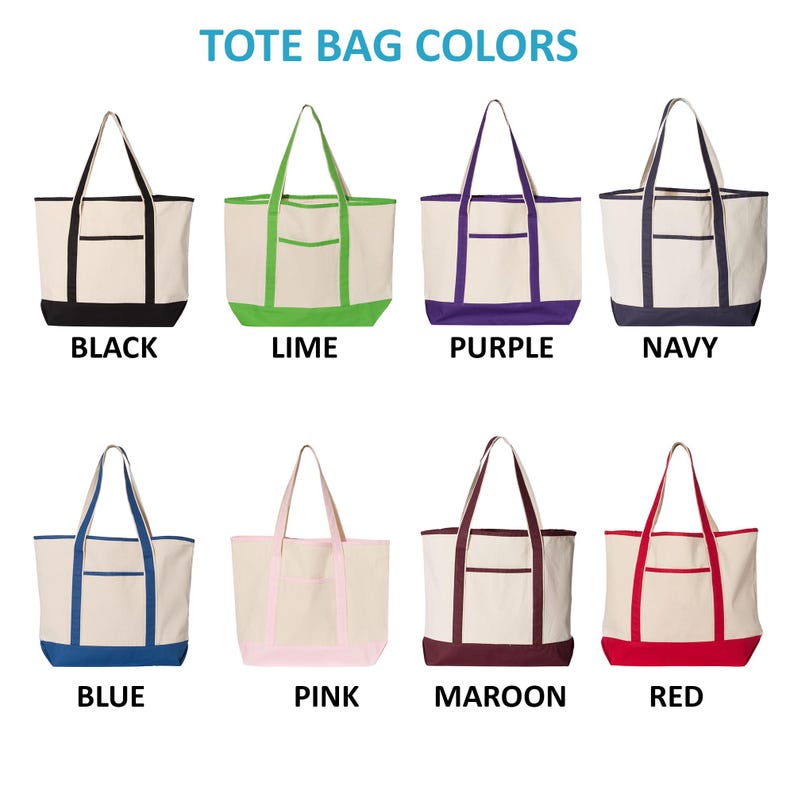May include: Eight canvas tote bags in various colors: black, lime, purple, navy, blue, pink, maroon, and red. Each bag has a cream-colored body with colored accents on the bottom, handles, and pocket. The text "TOTE BAG COLORS" is at the top.