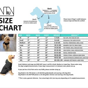 May include: Dog apparel size chart with measurements in inches for neck, back, and chest, plus weight and breed suggestions. Includes images of dogs wearing the apparel. Sizes range from XS to 6XL. Remember to add 2 fingers' width.