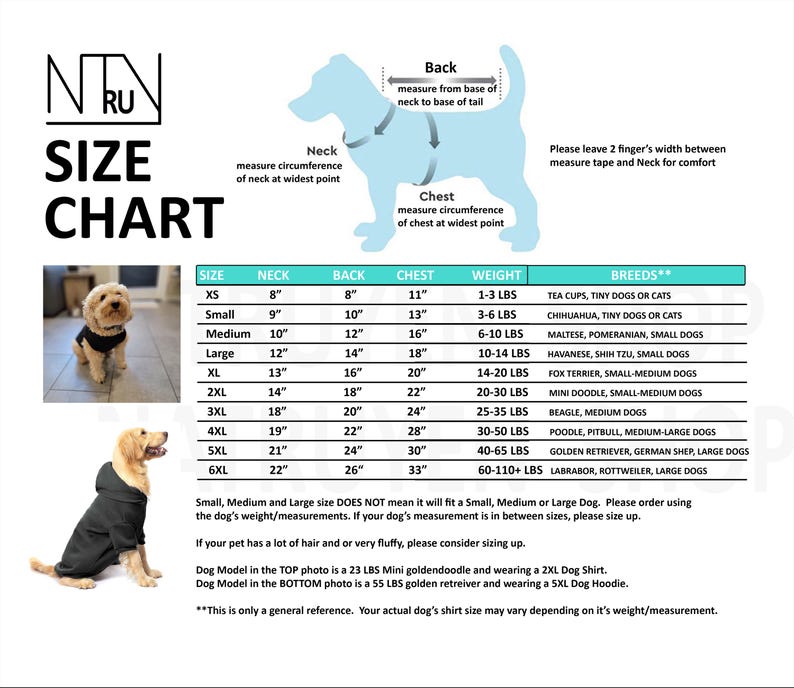 May include: Dog apparel size chart with measurements in inches for neck, back, and chest, plus weight and breed suggestions. Includes images of dogs wearing the apparel. Sizes range from XS to 6XL. Remember to add 2 fingers' width.