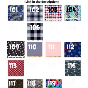 May include: A grid of 16 fabric swatches numbered 101 to 120. The swatches feature a variety of patterns, including plaid, polka dots, stars, and camouflage.