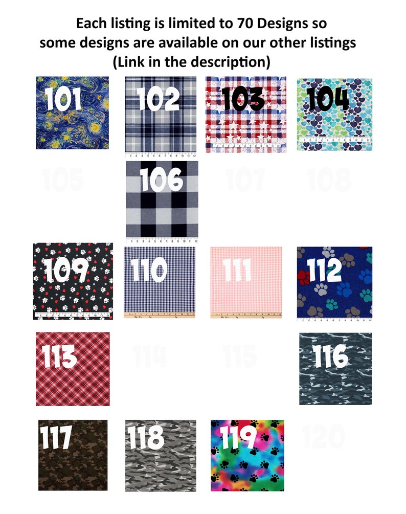 May include: A grid of 16 fabric swatches numbered 101 to 120. The swatches feature a variety of patterns, including plaid, polka dots, stars, and camouflage.