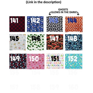 May include: A grid of 12 fabric swatches with different patterns. The swatches are numbered 141 through 152. The text "GHOSTS GLOWS IN THE DARK!" is above the swatches.
