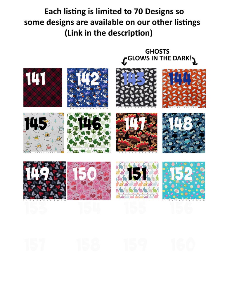 May include: A grid of 12 fabric swatches with different patterns. The swatches are numbered 141 through 152. The text "GHOSTS GLOWS IN THE DARK!" is above the swatches.