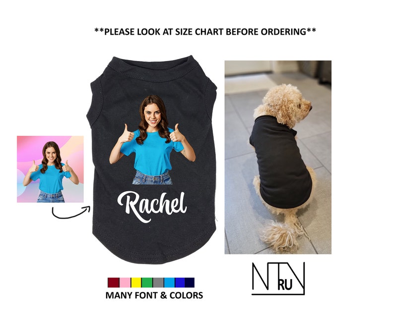 Peut inclure: T-shirt noir pour chien avec un nom personnalis&eacute; "Rachel" et une photo d'une femme faisant un pouce en l'air. Le t-shirt est sur un fond blanc avec une palette de couleurs rouge, jaune, vert, bleu, gris et noir.